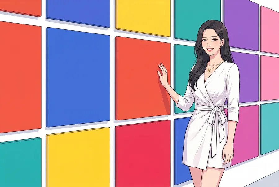 The same illustrated young woman in a white mini dress stands beside a wall of large square panels in red, blue, yellow, teal, violet and pink, one hand on a red panel