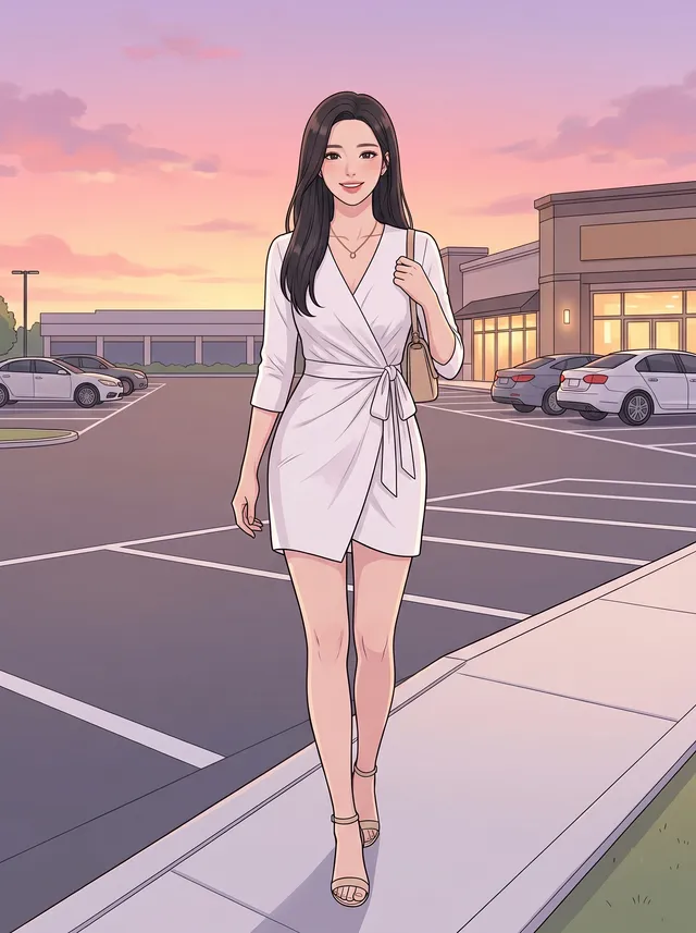 The illustrated young woman walks along the footpath beside a large parking lot at sunset, a small beige bag on her shoulder